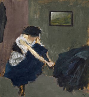 Frau, welche sich die Schuhe lost by Ernst Schiess Oil Painting
