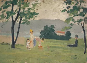 Frauen und Kind in Wiese Oil painting by Ernst Schiess