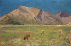 Grazing Sheep in front of Bare Hills by Ernst Schiess Oil Painting