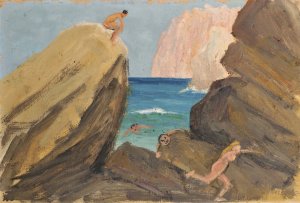 Pursuit at a Rocky Coastal Line by Ernst Schiess Oil Painting