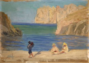 Rocky Bay with Two Seated Figures by Ernst Schiess Oil Painting