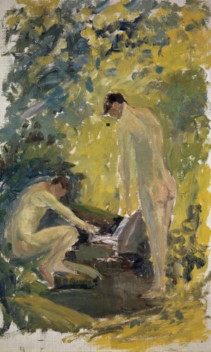 Two Nude Young Men in a River in the Woods by Ernst Schiess Oil Painting