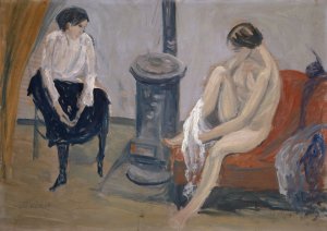 Two Women at a Stove by Ernst Schiess Oil Painting
