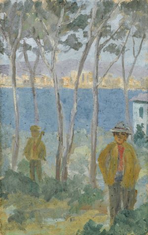 View on a Bay at the Sea toward a City in the South by Ernst Schiess Oil Painting