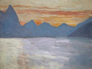 View on the Lake of Lugano toward the Mountains of Porlezza before Sunrise by Ernst Schiess Oil Painting