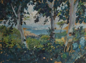 View through Trees on a Southern Bay at th Sea by Ernst Schiess Oil Painting