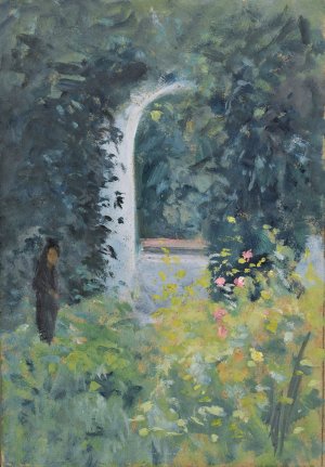Woman in a Rose Garden by Ernst Schiess Oil Painting