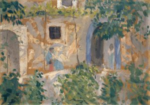 Woman with Child in front of a House by Ernst Schiess Oil Painting