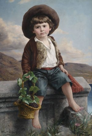 Bildnis eines Bauernjungen mit einem Traubenkorb auf einer Brustung by Ernst Schmitz Oil Painting
