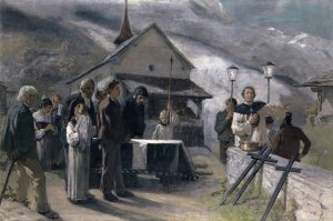 The Funeral After The Landslide Of Spiringen, Uri 1887 by Ernst Stuckelberg Oil Painting