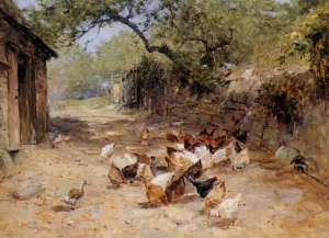 Chickens in a Farmyard by Ernst Walbourn - Oil Painting Reproduction