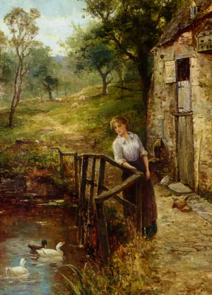Young Lady at the Mill Pond by Ernst Walbourn Oil Painting