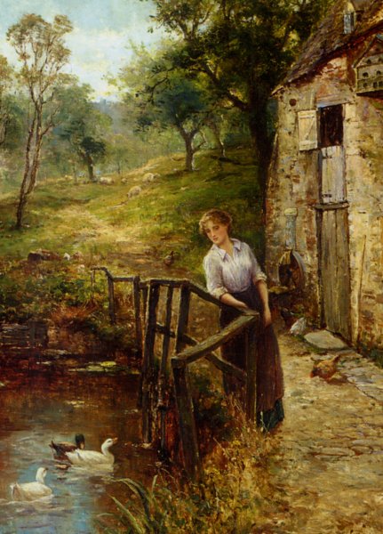 Young Lady at the Mill Pond by Ernst Walbourn - Hand-Painted Oil Painting Reproduction