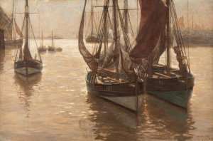 Boats in the harbour by Erwin Carl Wilhelm Gunther Oil Painting