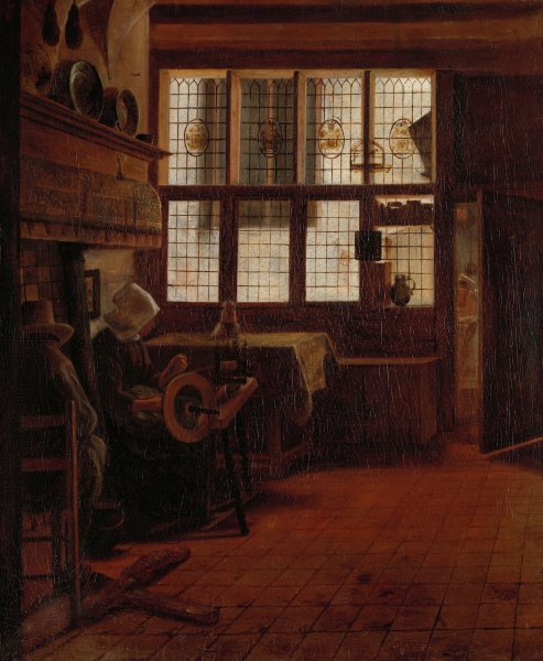 Interior with Woman at the Spinning Wheel  by Esaias Boursse - Hand-Painted Oil Painting Reproduction