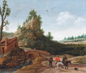 A landscape with travellers crossing a bridge before a small dwelling, horsemen in the foreground by Esaias Van De Velde Oil Painting