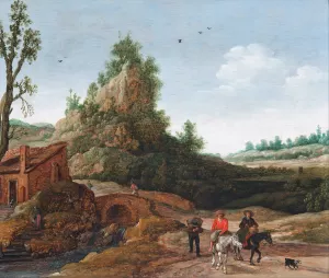 A landscape with travellers crossing a bridge before a small dwelling, horsemen in the foreground by Esaias Van De Velde Oil Painting