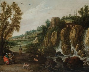 A rocky landscape with a waterfall and Ruth and Boaz by Esaias Van De Velde Oil Painting