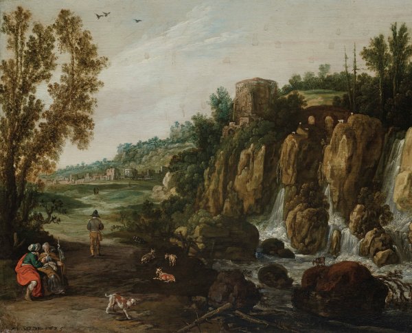 A rocky landscape with a waterfall and Ruth and Boaz  by Esaias Van De Velde - Hand-Painted Oil Painting Reproduction