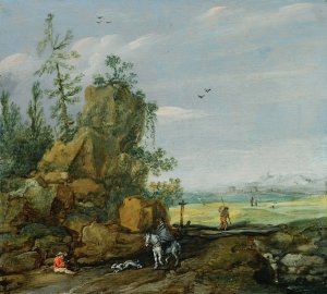A Rocky Landscape With Travellers And A Horseman On A Path, A View Of A Town In The Distance by Esaias Van De Velde Oil Painting