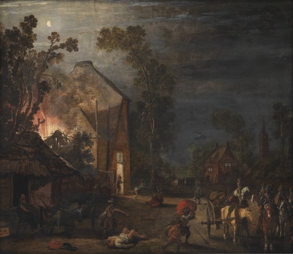 A Village Looted at Night  by Esaias Van De Velde - Hand-Painted Oil Painting Reproduction