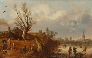 Cottages and Frozen River by Esaias Van De Velde Oil Painting