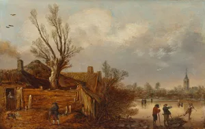 Cottages and Frozen River by Esaias Van De Velde Oil Painting