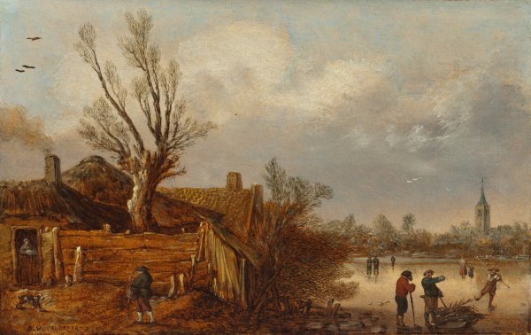 Cottages and Frozen River  by Esaias Van De Velde - Hand-Painted Oil Painting Reproduction