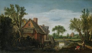 The Hague A Wooded River Landscape With Figures On A Path On A River Bank Beside A Village, A Bridge Beyond by Esaias Van De Velde Oil Painting