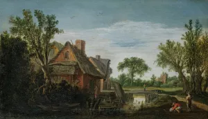 The Hague A Wooded River Landscape With Figures On A Path On A River Bank Beside A Village, A Bridge Beyond by Esaias Van De Velde Oil Painting