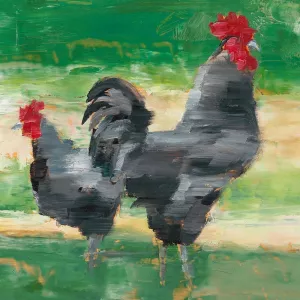 Black Rooster & Hen I Oil Painting by Ethan Harper - Contemporary