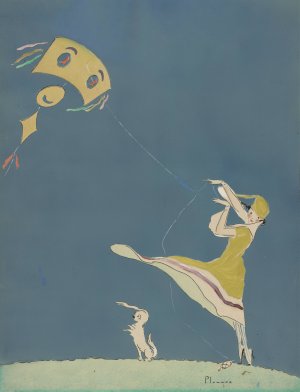Girl with kite and dog by Ethel Plummer Oil Painting