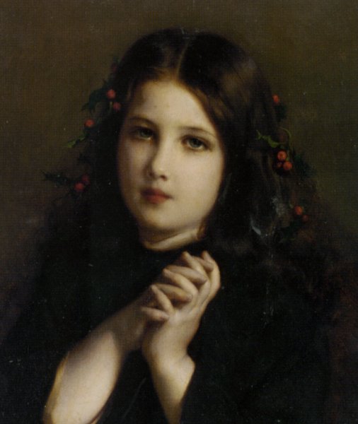 Main Product Photo of A Young Girl with Holly Berries Painting by Etienne Adolphe Piot