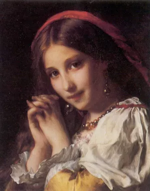 Portrait of a Girl with Red Shawl Oil painting by Etienne Adolphe Piot