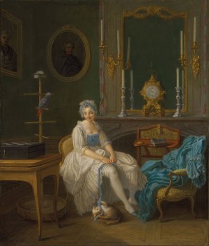 The interior of a boudoir, with a lady in a white and blue dress by Etienne Jeaurat Oil Painting