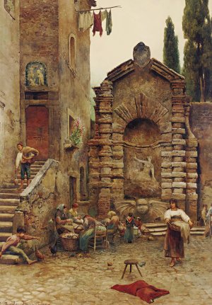 Life In A Roman Courtyard by Ettore Roesler Franz Oil Painting