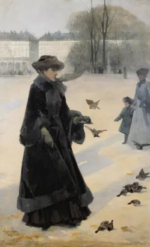 Winter morning in the Tuileries gardens, Paris by Eugene Clary Oil Painting