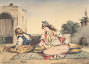 A Moroccan Couple on Their Terrace by Eugene Delacroix Oil Painting