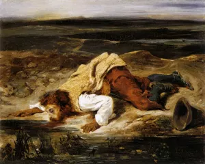 A Mortally Wounded Brigand Quenches His Thirst painting by Eugene Delacroix