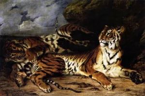 A Young Tiger Playing with its Mother by Eugene Delacroix - Oil Painting Reproduction