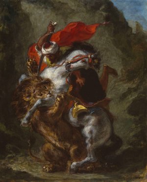Arab Horseman Attacked by a Lion by Eugene Delacroix Oil Painting