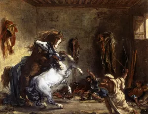 Arab Horses Fighting in a Stable by Eugene Delacroix - Oil Painting Reproduction