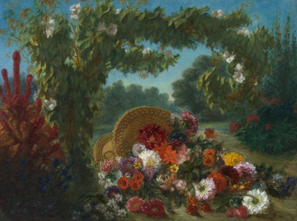 Basket of Flowers  by Eugene Delacroix - Hand-Painted Oil Painting Reproduction