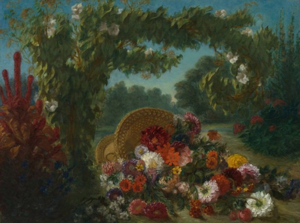 Basket of Flowers  by Eugene Delacroix - Hand-Painted Oil Painting Reproduction