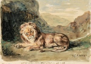 Lying Lion In A Landscape by Eugene Delacroix Oil Painting