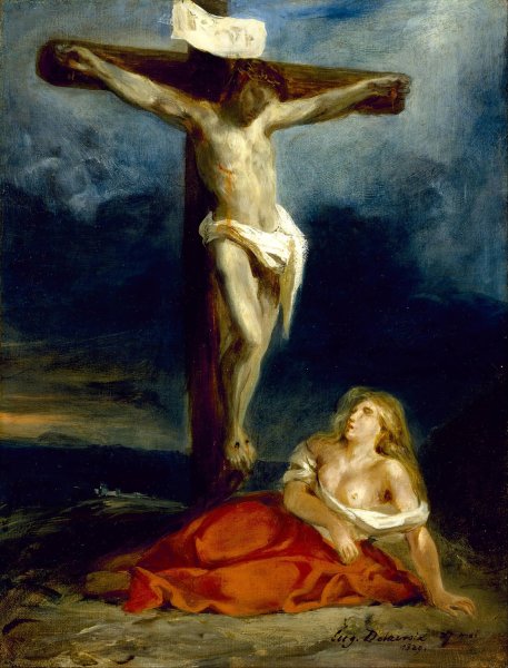Saint Mary Magdalene At The Foot Of The Cross  by Eugene Delacroix - Hand-Painted Oil Painting Reproduction