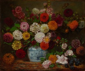 Still Life with Dahlias, Zinnias, Hollyhocks and Plums by Eugene Delacroix Oil Painting