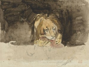 Vleesetende leeuw, van voren gezien, uitkomende tegen een donker fond by Eugene Delacroix Oil Painting