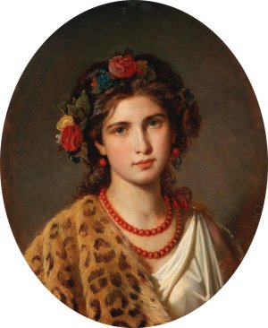 Portrait of a Girl with Wreath of Roses in her Hair and Leopard Skin by Eugen Felix Oil Painting