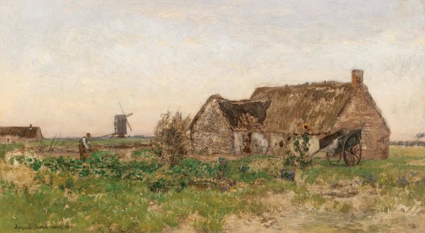 Bauernhauser mit Windmuhle  by Eugen Jettel - Hand-Painted Oil Painting Reproduction